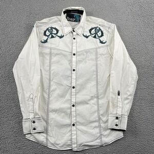 Roar Button Up Shirt Men Large White Signature Spade Graphic Western Embroidered